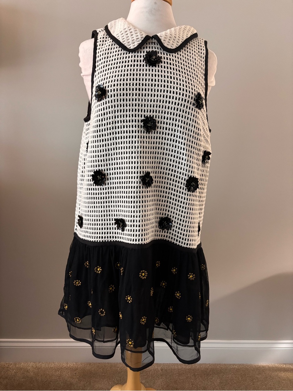 Maeve Black and White Textured Floral Appliqué Dress